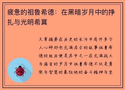 疲惫的祖鲁希德：在黑暗岁月中的挣扎与光明希冀